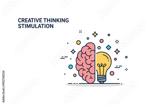Creative thinking stimulation concept centered on a brain blended with a light bulb and small colorful shapes, expressing innovation, imagination, and expanded