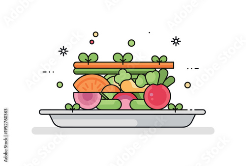 Modern gastronomy creation vibrant vegetable medley layered in geometric shapes with subtle microgreen accents, expressing sustainability and artistic plating.