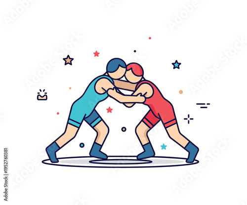Wrestling competitive sport concept illustrated by two simplified athlete silhouettes locked in a dynamic grapple pose, expressing strength, strategy and