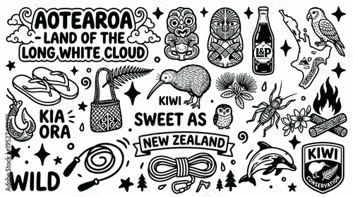 New Zealand Aotearoa Culture Icons Vector Art