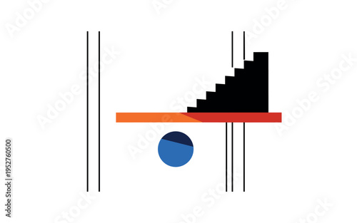 Black and white staircase ending abruptly at the edge of an orange geometric platform, bold blue circle floating below to suggest risk and depth, thin vertical