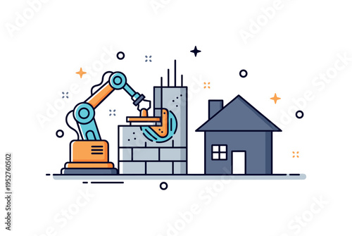 Automated home building compact construction site scene with a single robotic arm shaping concrete walls while a small house silhouette stands completed beside