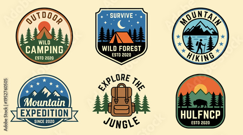Outdoor Adventure Badges: Camping, Hiking, Jungle Expedition