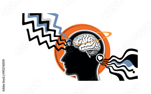 Black and white brain illustration inside a human head silhouette, orange circular halo surrounding the head, abstract black zigzag lines outside the halo