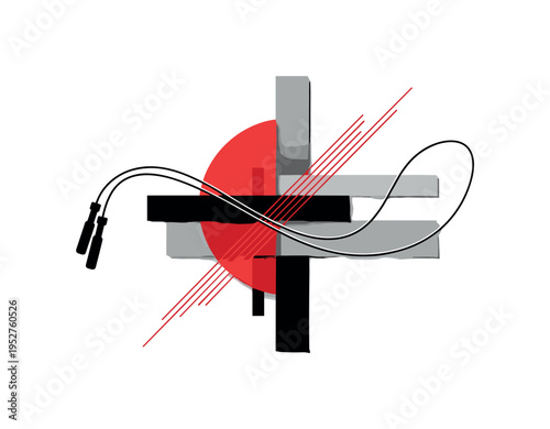 Monochrome jump rope frozen mid-air with visible motion curve, intersected by a large red semicircle and abstract rectangular blocks, thin diagonal lines