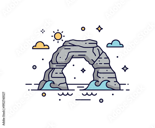 Coastal arch rock formation centered on a natural stone arch rising from the ocean surface, with subtle sun and wave accents suggesting serene coastal charm.