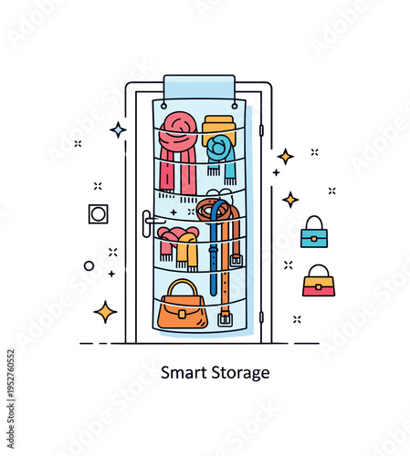 Using over the door organizers for accessories practical home storage concept illustrated by a hanging fabric organizer placed over a simple door silhouette,
