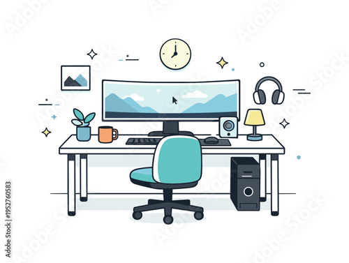 Home gaming corner. A minimal room with a gaming desk, wide monitor, and simple chair, organized and clutter-free. Calm atmosphere focused on comfort and