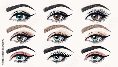 Vector makeup artist practice eyes with various eye makeup styles and techniques for beauty and cosmetics