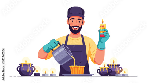 Candle Making Artisan: A craftsman with beard carefully pours wax into a mold, surrounded by glowing candles, embodying the craft of candle making with expertise and care.
