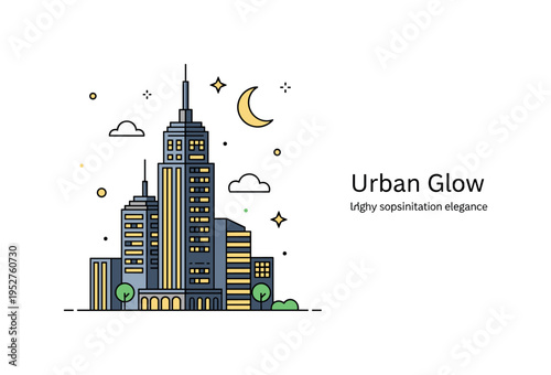 Illuminated city modern metropolis scene featuring a tall landmark tower highlighted by warm window lights and a crescent moon above, symbolizing architectural