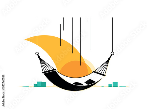 Black and white image of a hammock simplified into geometric curves, bold warm yellow semicircle intersecting behind like sunset glow, thin vertical lines