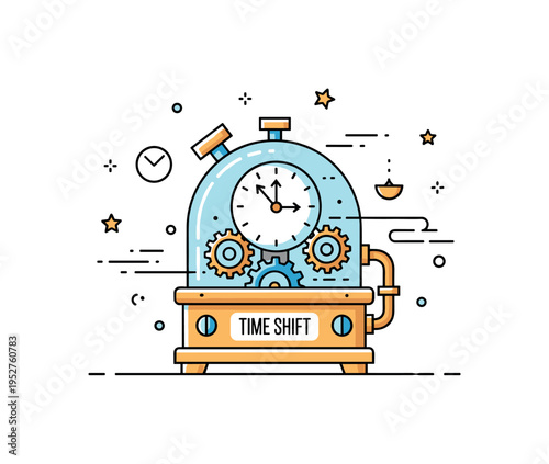 Steampunk time machine illustration centered on a brass styled device with small gears and a transparent dome. Soft clock hands, gentle motion lines and a