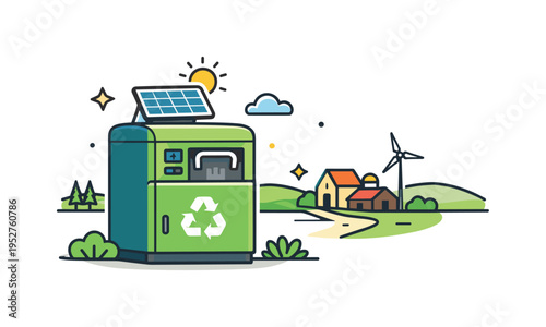 Solar powered waste compactor in rural landscape a compact unit with a small solar panel quietly reducing trash volume near a remote settlement. The scene