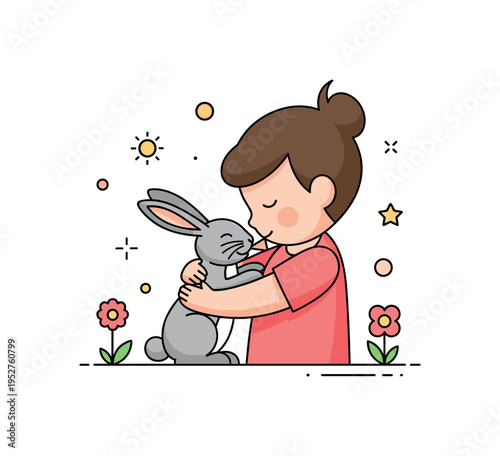 Child hugging a small rabbit in a sunny garden, with the pet nibbling gently, highlighting tenderness, curiosity, and affectionate interaction. Minimalist flat