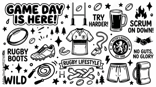 Rugby Game Day Doodle Collection - Sport Icons and Quotes