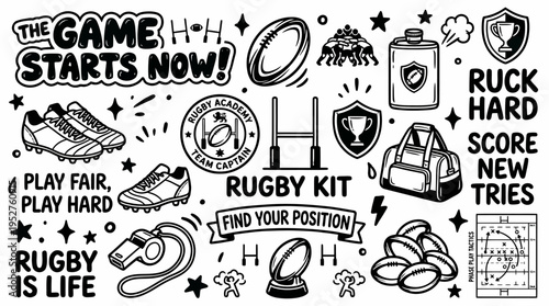 Rugby Game Elements and Quotes - Hand Drawn Doodle Art