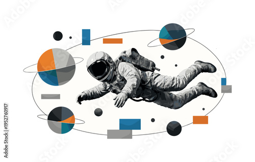 astronaut floating horizontally in zero gravity, black and white cut-out photo style, surrounded by geometric planets made of circles and semicircles with thin