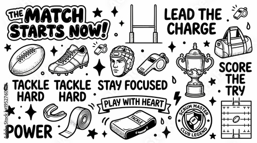 Rugby Game Elements Doodle - Sport Concept