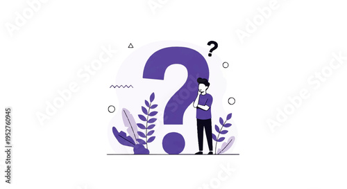 Konstfotografi Vector flat design illustration of a man standing thoughtfully next to a large purple question mark with leaves and symbols around him on a clean white background