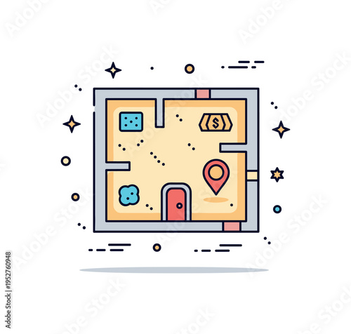 Adventure dungeon map icon illustrated by a simplified top view room layout with small door and treasure marker, expressing exploration and quest planning. The