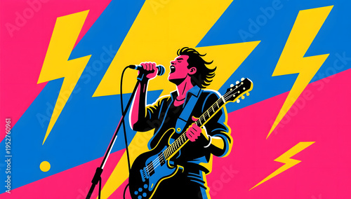 Retro pop art style illustration of a rock lead singer