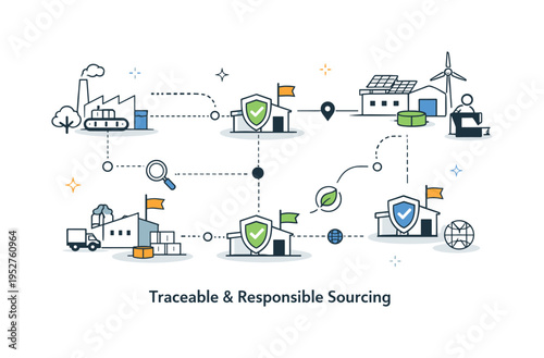 Forced labor compliance supply chain. A simplified map with connected factories and checkpoints, representing traceability and responsible sourcing. Clean