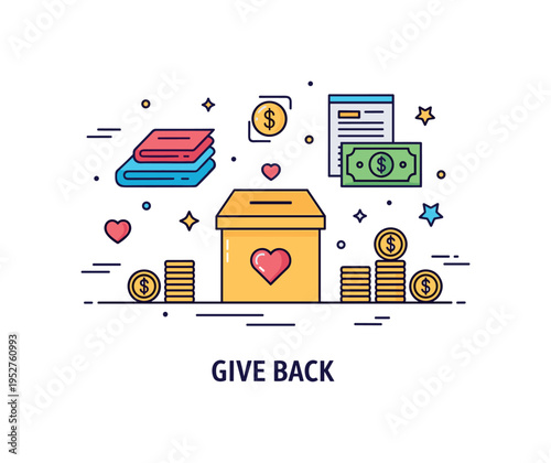 Organizing charitable contributions centered on a donation box with a heart symbol while neatly arranged coins and folded items surround it, expressing care,