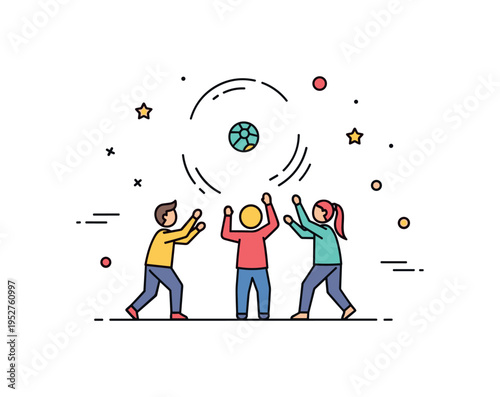Outdoor group games concept shown as three small figures tossing a ball in a circular motion, symbolizing movement, friendship and active play. The balanced