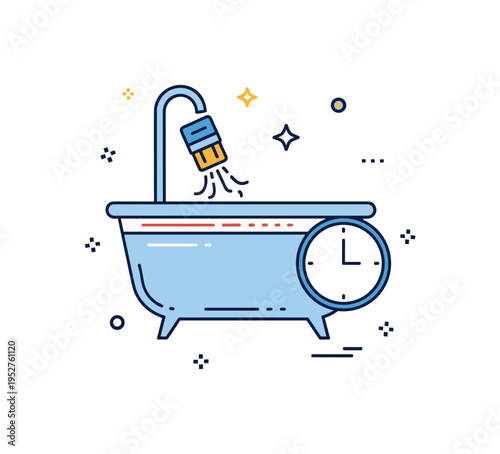Home improvement sealing task depicted by a bathtub silhouette with a highlighted seam line and a subtle clock icon suggesting scheduled maintenance. The