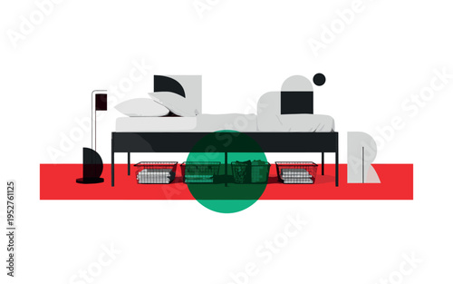Black and white minimal bed frame elevated with visible storage baskets beneath, oversized emerald green circle unifying the lower section, red horizontal