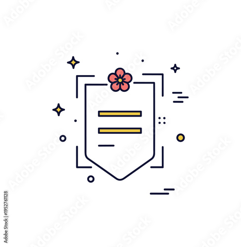 Minimalist haiku concept showing three short horizontal lines inside a small framed badge with a subtle blossom accent, representing simplicity and structured