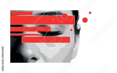 Black and white close-up of eyelashes resting against cheeks, combined with bold red rectangular shapes and diagonal lines softened to imply slowing thoughts,