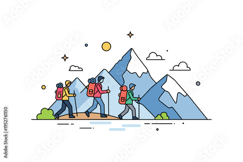 Hikers crossing a mountain range with small backpacks and trekking poles, moving along a trail with distant peaks in the background, symbolizing adventure and