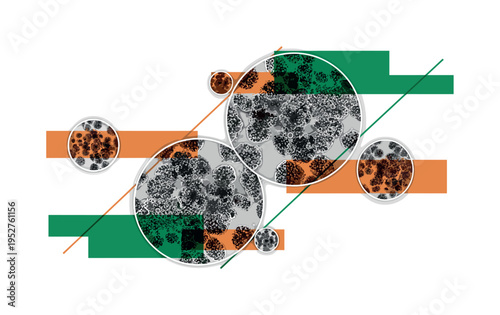 A monochrome microscopic view of algae clusters transformed into geometric circular patterns, intersected by flat rectangular color blocks representing control