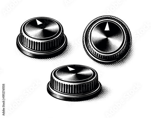 Vintage radio tuning knob. Black and white dot style with halftone texture and high contrast. Halftone texture with partial solid black fills