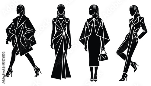 Minimalist geometric fashion silhouettes of elegant women in haute couture outfits