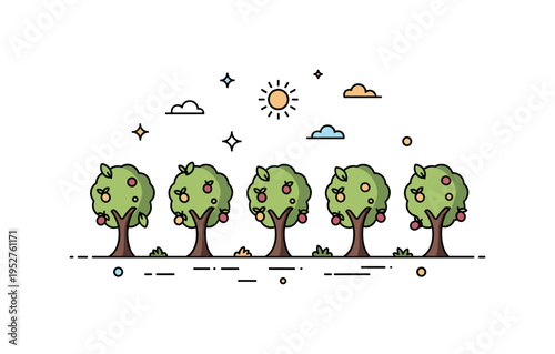 Olive grove countryside concept featuring evenly spaced trees with small fruit accents and a subtle sun icon above, symbolizing agriculture, tradition, and