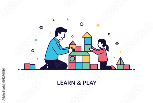 Children and parents building blocks together scene featuring a parent and child silhouette assembling colorful geometric blocks into a small house shape,