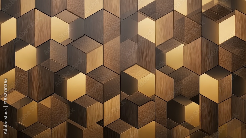 Obraz premium Realistic 3D texture background of a mosaic pattern with wood tones and gold accents, ideal for creating a luxurious wall covering effect in digital or print media.