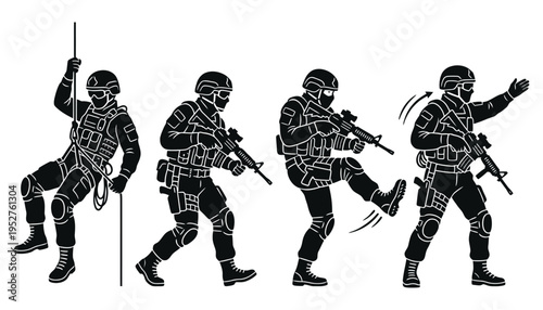 Military special forces silhouettes in various action poses and positions