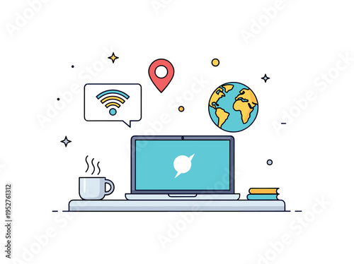 Digital nomad workspace sleek laptop on a small desk with coffee cup and floating WiFi and location icons, representing flexible remote work and global