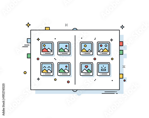 Minimalist memory book layout depicted with evenly spaced square photos arranged in a grid within a clean album page, expressing simplicity and structured