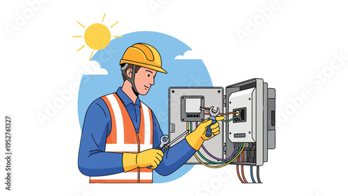 Electrician at Work: A skilled electrician, clad in a safety vest and helmet, meticulously works on electrical panel, embodying precision and expertise. A bright sun shines down.