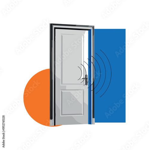 Black and white image of a doorway opening into abstract geometric landscape, bold orange circle partially hidden beyond the door as new chapter, thin green