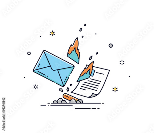 Breaking ties envelope and letter separated in midair as the paper burns gently, ash flakes floating like fading memories. A poetic concept badge about ending