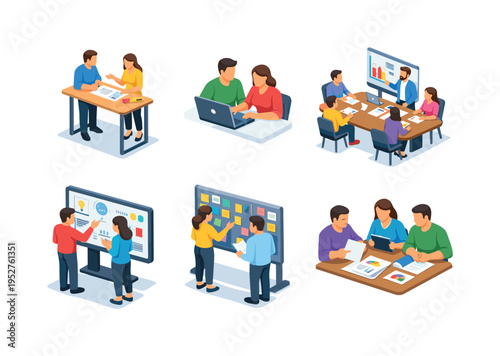 Office collaboration. Isometric flat vector icons set of Office collaboration: coworkers discussing project at standing desk, two colleagues reviewing laptop