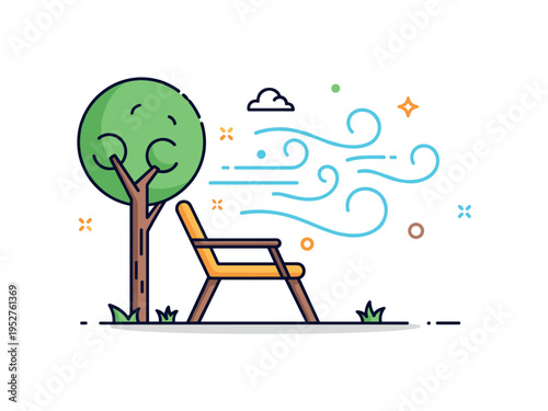 Feeling the cool breeze while sitting outside portrayed through a relaxed chair under a small tree, with soft curved wind lines flowing gently across the scene