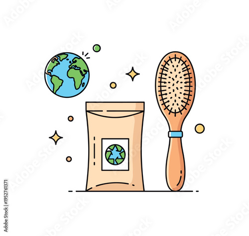 Compostable beauty tools wooden hairbrush and biodegradable packaging with a subtle earth icon nearby, symbolizing planet conscious grooming choices.