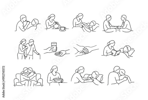 Home Caregiving Moments. Minimalistic set one-line drawing [person checking temperature with thermometer, caregiver preparing tea, person tucking blanket